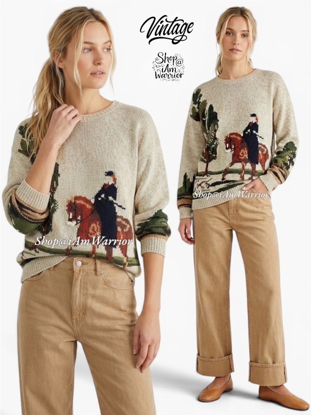 Vintage Equestrian Horse Rider Scenic Cottagecore Grandpa Chic Knit Sweater